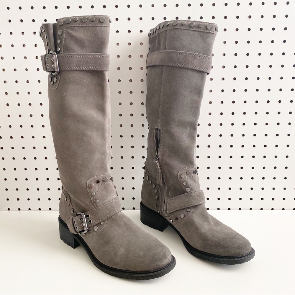 Sam Edelman Gray Suede Studded Knee-High Heeled Boots